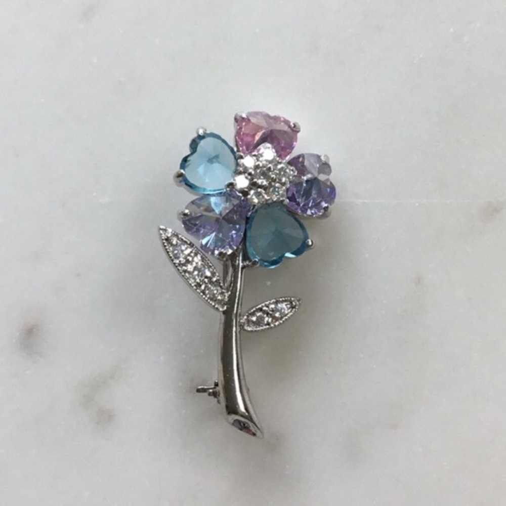 Sterling Silver Multi Color Cz Beautiful Flower Pin ~ NEW